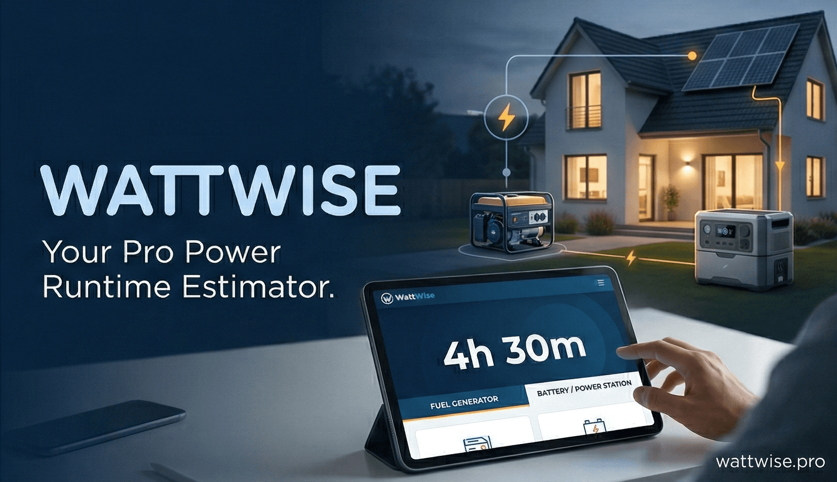 WattWise — Your Pro Power Runtime Estimator. Shows a house with solar panels, a fuel generator, and a battery station alongside the WattWise app displaying a 4h 30m runtime estimate.